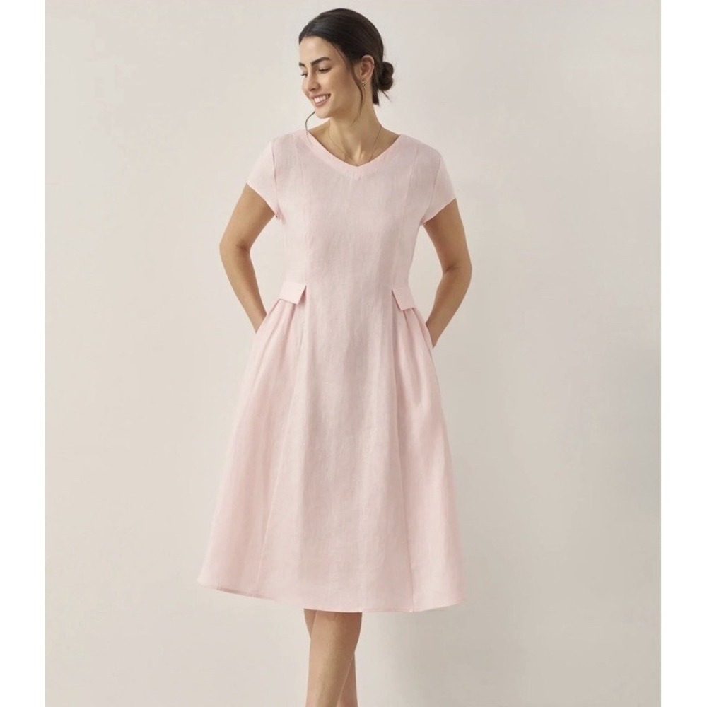 Lintico 100% Linen Natural Summer V-Neck Dress Sz M Alexa Pink